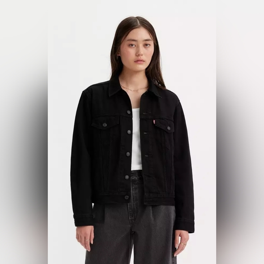 Levi Strauss Premium Ex-Boyfriend Trucker Black Denim Jacket Sz X-Small XS